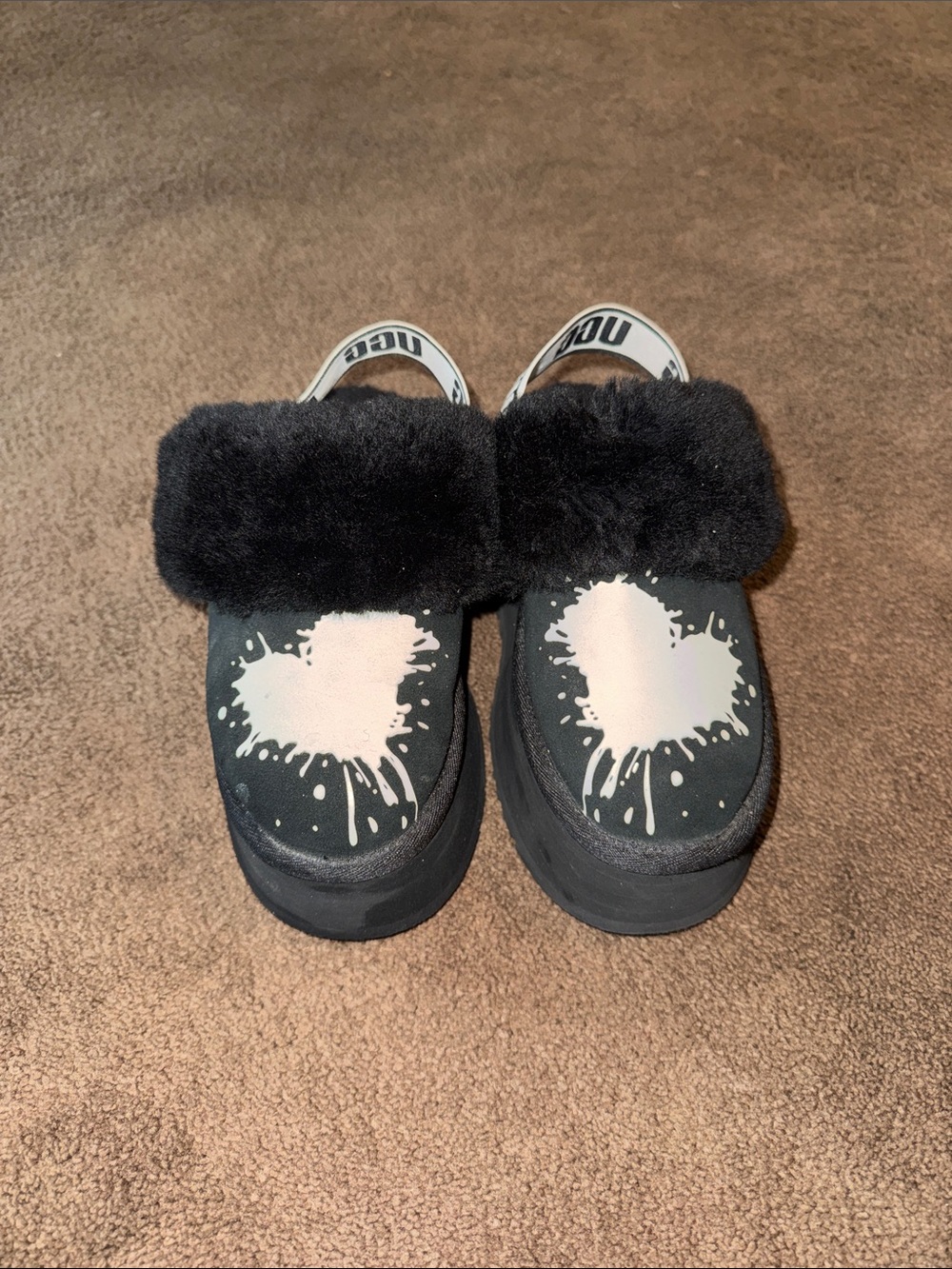 UGG Black Fuzzy Heart Slide Sandals with White Heart Splash